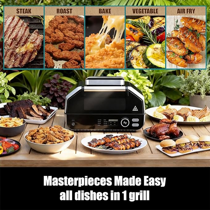 OLIXIS Electric Grill Outdoor/Indoor, 8-in-1 Multifunctional Large Electric BBQ Grill for Air Fry, Bake, Roast, Steak, Broil and Dehydrate, Safe Non-Stick Coating, Fry Basket Included