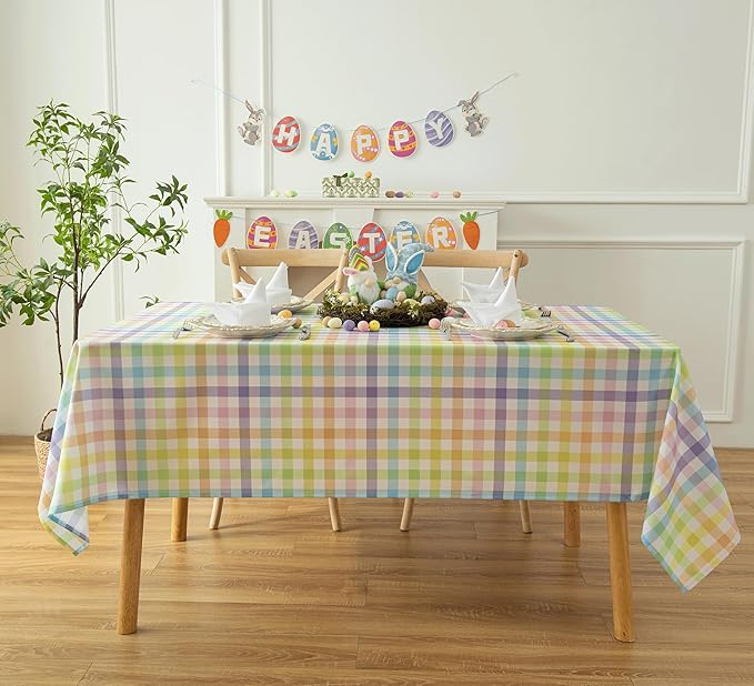 Easter Sunday Spring Plaid Tablecloth - Colorful Rectangular 58x102 Inch Water Resistant Table Cloth for Indoor/Outdoor Use - Rustic Table Cover for Kitchen, Picnics, and Parties