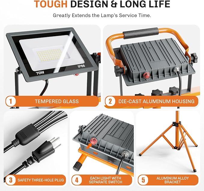 Upgraded 21000Lumen LED Work Lights with Stand - 3 Head Adjustable Work Light with 16FT Cord - IP66 Waterproof Tripod Worklights with Individual Switch for Outdoor Indoor Portable & All-round Lighting