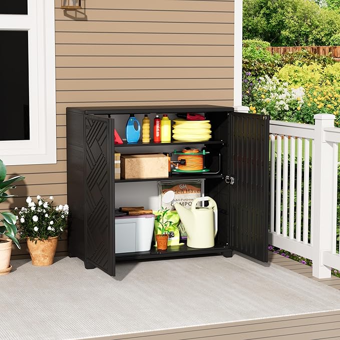Outdoor/Indoor Storage Box,Resin and Plastic Storage Cabinet Waterproof,Outdoor Cabinet for Patio/Garden/Balcony/Backyard/All Room(with 2 Shelves)-Black