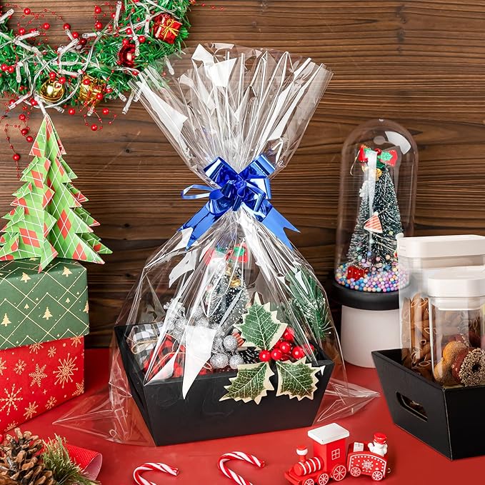 Fainne 74 Pcs Baskets for Gifts Empty Bulk DIY Empty Gift Basket Include 20 Kraft Cardboard Tray with Handles 30 Bags 24 Bows for Christmas Thanksgiving Birthdays Snacks Party, 8" x 6" x 3"(Black)