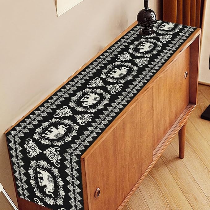 Boho Elephant Table Runner, Rustic Black African Tribe Animal Damask Diwali India Mandala Art Print Coffee Table Center Decor for Home Kitchen Holiday Party Outdoor Table Decorations, 13"x36"