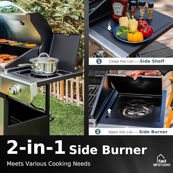 MFSTUDIO 4-Burner BBQ Propane Grill with Searing Side Burner, Porcelain-Enameled Cast Iron Grates,Thicker and taller lid, Stainless Steel Gas Grills for Outdoor and Patio Barbecue Cooking