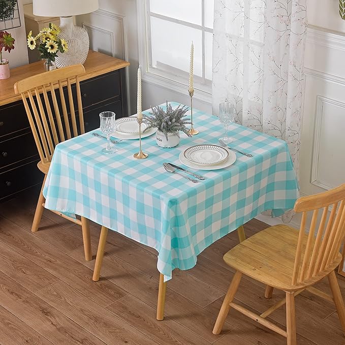 Cupuamon 2 Pack Waterproof Polyester Fabic Square Checkered Tablecloth，54x54 Outdoor Table Cloth，Oil Stain Prevention Table Cloth for Pinics and Parties（Aqua and White）