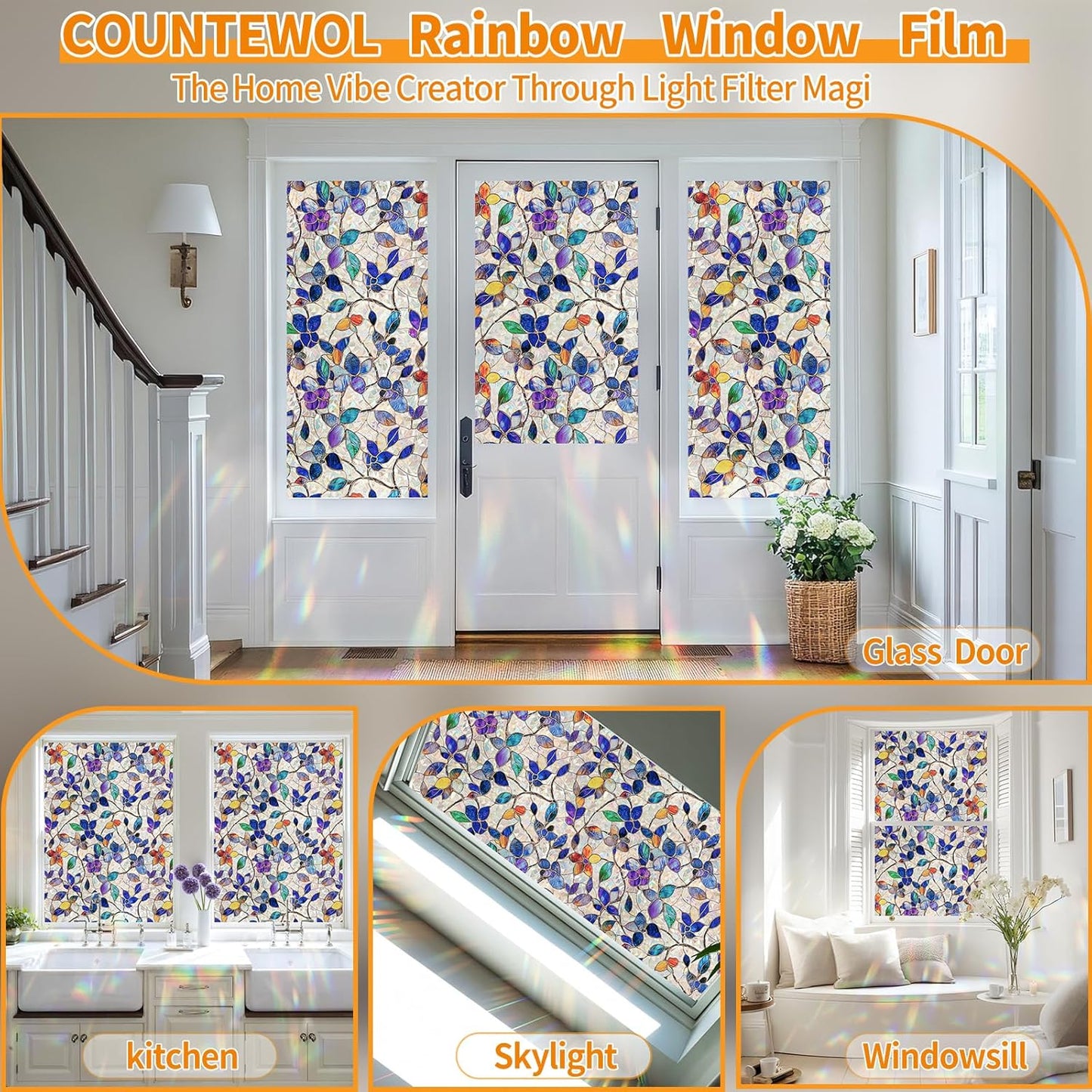 Window Privacy Film Stain Glass Window Film Rainbow Window Film Window clings Non-Adhesive Reusable Decorative for Room (Stained Leaf, 17.5 x 78.7 in)