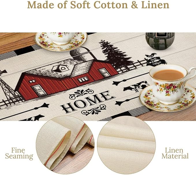 Rooster Table Runners, Black White Buffalo Plaid Rustic Cow Farm Animal Table Runner for Wedding Coffee Dining Table Party Home Farmhouse 13x60in