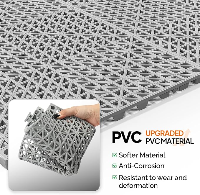 Bonnlo Grey Interlocking Drainage Mat, 12''*12'' Anti-Fatigue Floor Mat, Restaurant Kitchen Mat, Cushioned Tiles, Non-Slip Garden Tile for Poolside, Wet Area, Deck and Bathroom Use