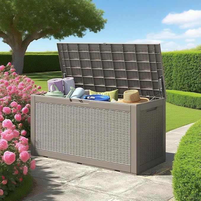 Outdoor Storage Box, Resin Deck Boxes Outdoor Waterproof For Patio Furniture, Garden Tools, Pool Supplies, Durable And UV Resistant, Lockable (100 Gallon, Grey)
