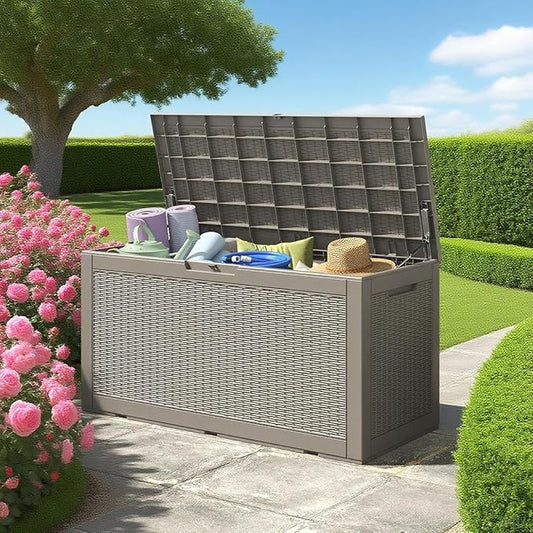 Outdoor Storage Box, Resin Deck Boxes Outdoor Waterproof For Patio Furniture, Garden Tools, Pool Supplies, Durable And UV Resistant, Lockable (100 Gallon, Grey)