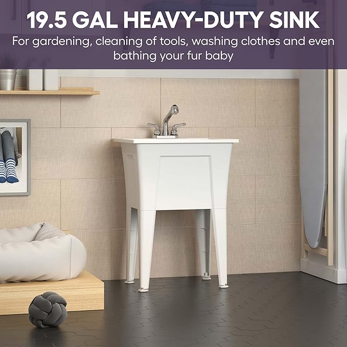 Freestanding Utility Sink with Two Handle Chrome Faucet - 24" Plastic Utility Sink for Garage, Laundry, Indoor and Oudoor Use - Laundry Tub Kit by Noah William Home - White (19.5 gal)