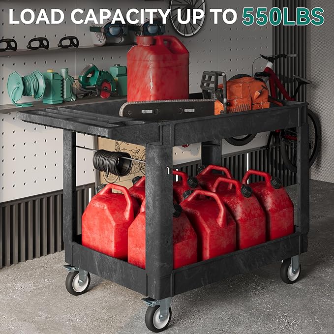 YITAHOME Utility Cart on Wheels, 550 lbs Capacity, 45 x 25 Inch Rolling Work Carts with Wheels, 2 Shelf Heavy Duty Plastic Service Cart Suitable for Warehouse, Garage, School & Office, Cleaning, Black