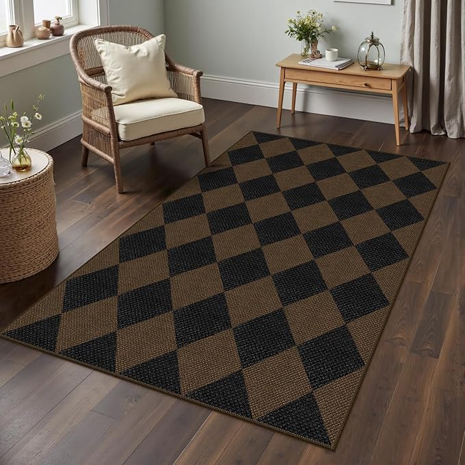Easy Jute Checkered Area Rug, 3x5 Indoor Outdoor Entryway Rug Washable Coffee Modern Diamond Kitchen Rugs, Non-Slip Neutral Farmhouse Throw Carpet for Living Room Patio Kids Room