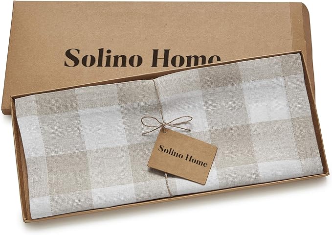 Solino Home Linen Checkered Table Runner 60 Inches - 100% Pure Linen Natural and White Buffalo Table Runner 14 x 60 Inch Ideal for Dresser and Coffee Tables - Spring, Easter