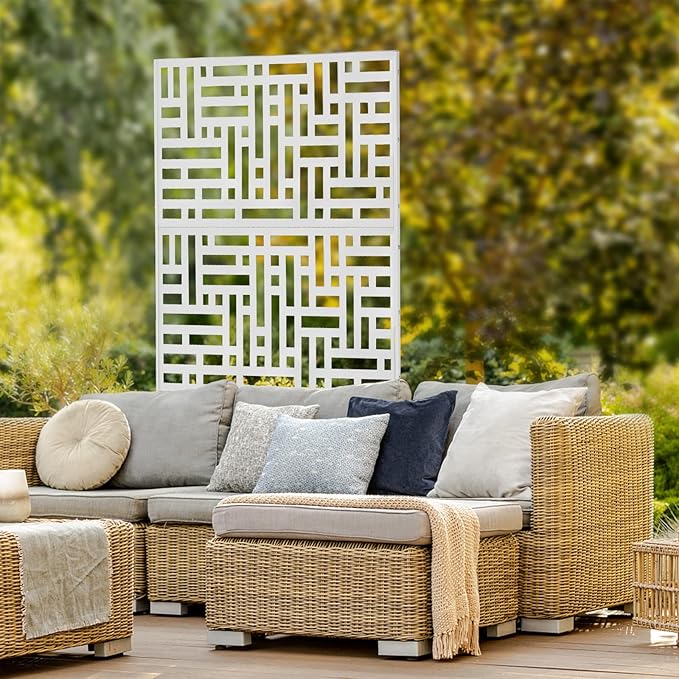 75" H×35" W Decorative Outdoor Privacy Screen with Stand, Outdoor Decor Privacy Fence Screen Metal Fence Panels, Free Standing Metal Divider for Patio Lawn Deck (White-Street)