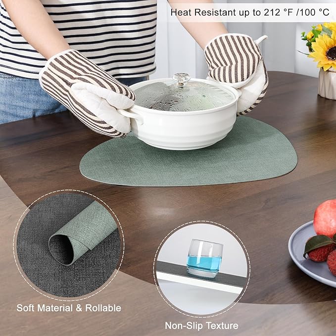 Placemats and Coasters, Washable Reversible Placemats Round Faux Leather Wipeable Place Mats Non Slip Heat Resistant Indoor Outdoor Table Mats (Set of 4, Gray Sage Green)