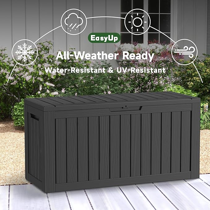 EasyUp 80 Gallon Outdoor Storage Box Waterproof, UV Resistant Resin Deck Box with Hydraulic Rod, Reinforced Stability for Patio, Garden, Striped Black