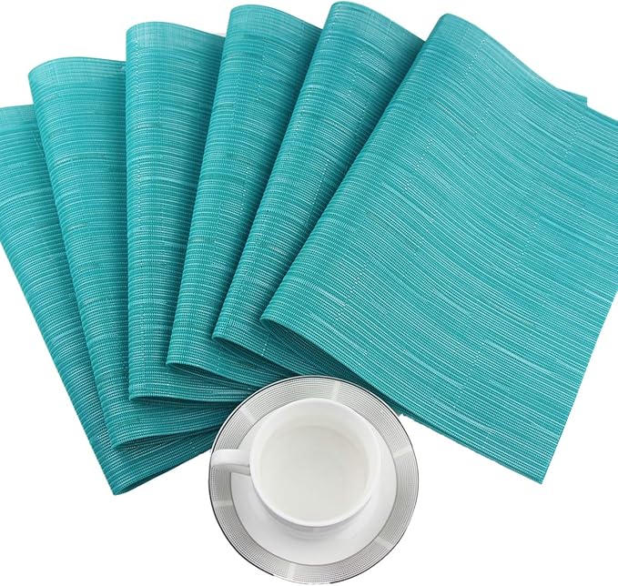 PIGCHCY Placemats,Washable Durable Vinyl Woven Table Mats,Elegant Heat Resistant Placemats for Dining Table Set of 6 (18 x 12 inches, Turquoise)