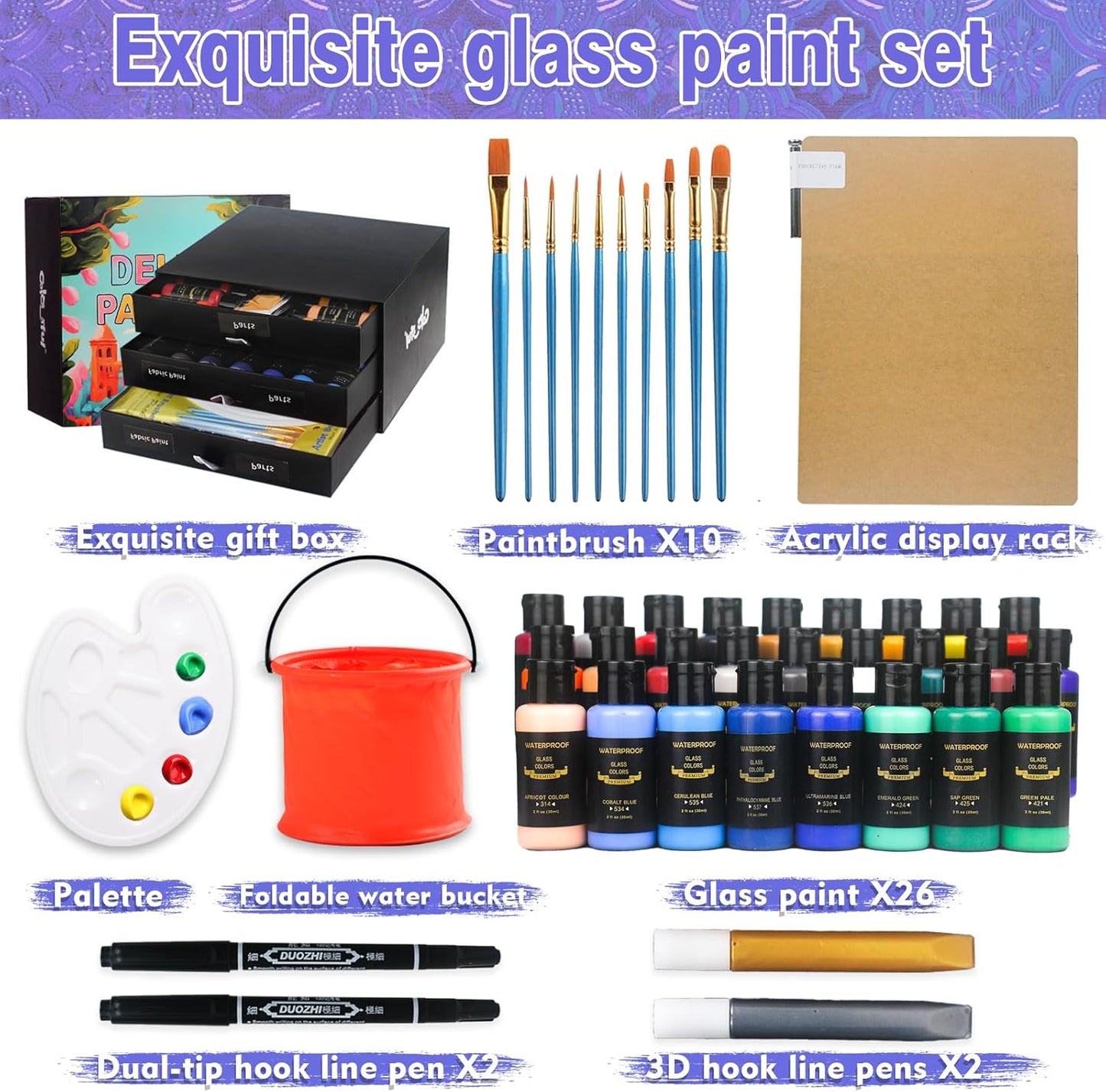 Colorful Kids Acrylic Glass Paint Exquisite Art Kit, Stained Glass Kit, Gift Box Set for DIY Arts and Crafts, Perfect for kids and Beginners, Inspire Imagination and Family Bonding