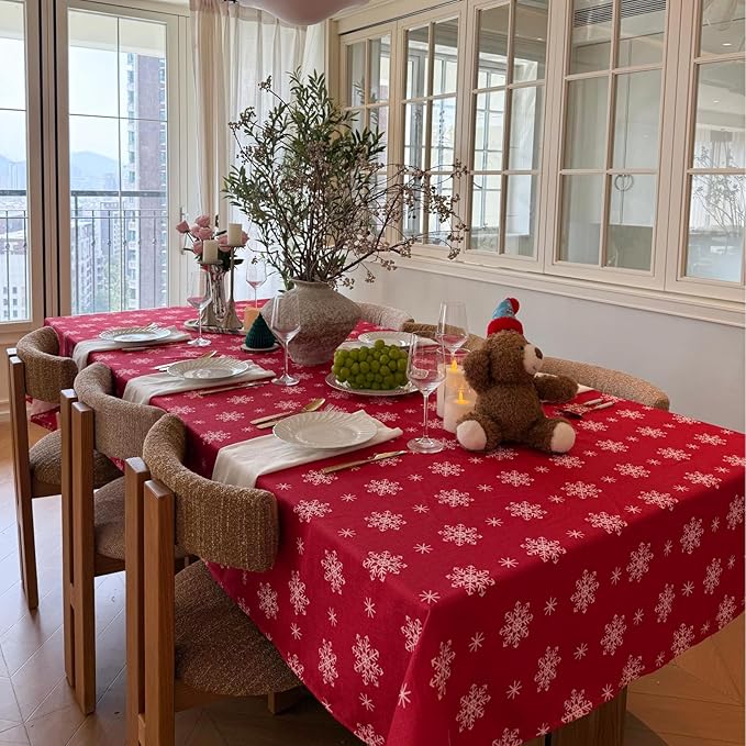 Christmas Red Tablecloth, Rectangle Table Cloh with Snowflake Decorations, Spillproof Cotton Linen Fabric Table Cover for Holiday, Winter, Party - 60''x84''