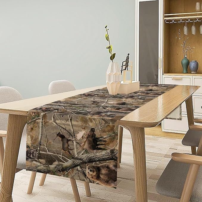 Forest Camouflage Table Runner, Camo Rustic Wildlife Animal Hunting Deer Elk Bird Bear Table Runner for Party Kitchen Dining Banquet 13x60in