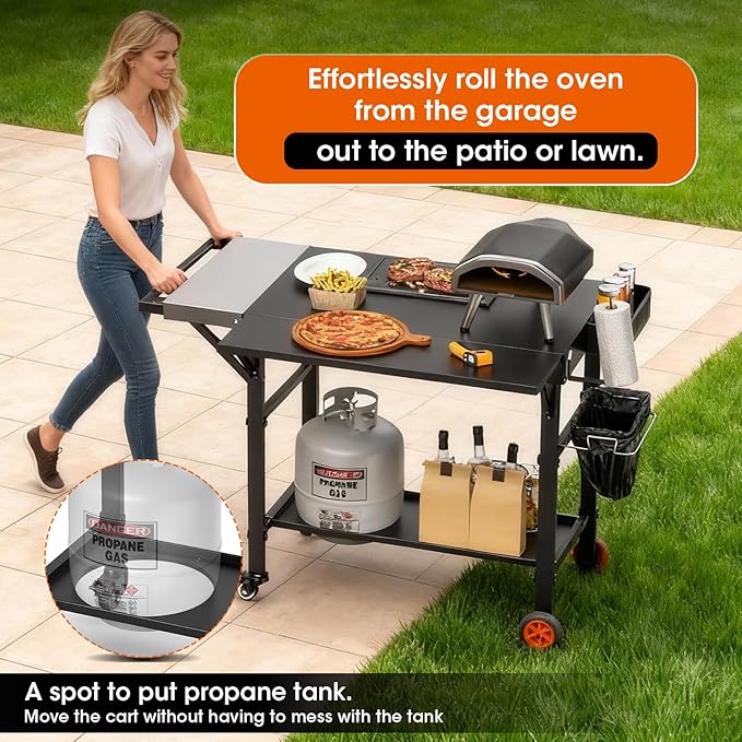 Pizza Oven Table, Grill Cart Table for Ooni Pizza Ovens, Expansive Countertop Pizzas Oven Accessories, Pizzas Stands for Party with Wheels Fits Ooni Blackstone Ninja Cuisinart Gozney