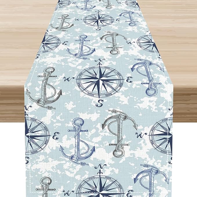 Summer Beach Table Runner, Blue Sea Coastal Nautical Sailboat Map Sketch Compass Ocean Table Runner Seasonal Holiday Home Kitchen Dining Table for Home Party Decor 13"x108"