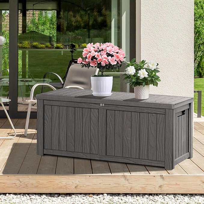 150 Gallon Resin Deck Box, Waterproof Outdoor Storage Box for Patio Furniture, Garden Tools, and Pool Accessories, Lockable UV-Resistant Storage Bin Bench Cabinet for Outside, Grey