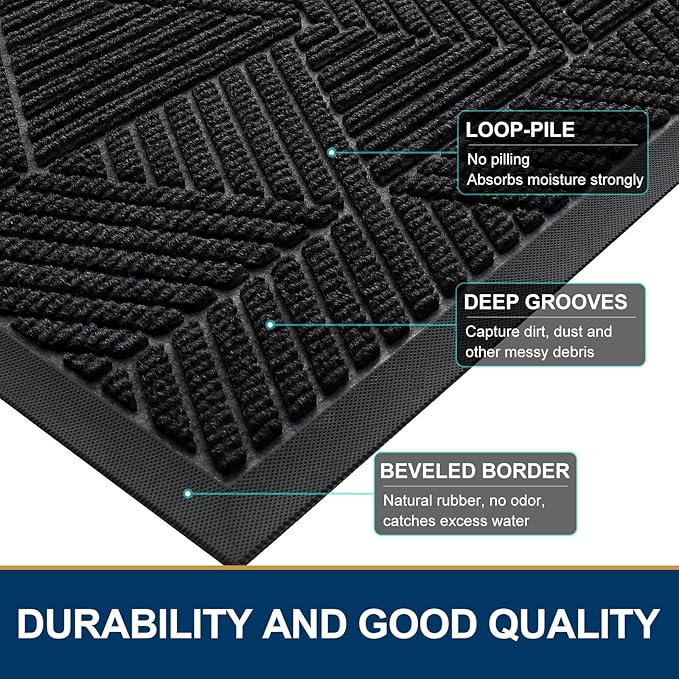Smiry Half Circle Front Door Mat Outside Entrance, Heavy Duty Sturdy Natural Rubber Doormat, Trap Dirt and Moisture, Low Profile Mats for Indoor Outdoor Entry, Irregular Triangle (36x24, Black)