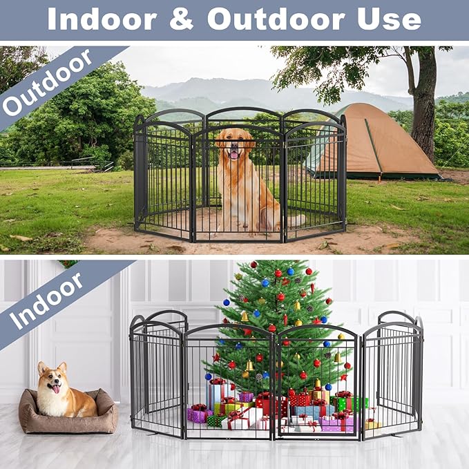 Full Metal Free Standing Dog Gate with Door for Indoor Outdoor,192'' Extra Wide 32'' Tall Dog Gates for Doorways,Large Openings,Decks,Freestanding Portable Pet Fence(8 Panels,Black)