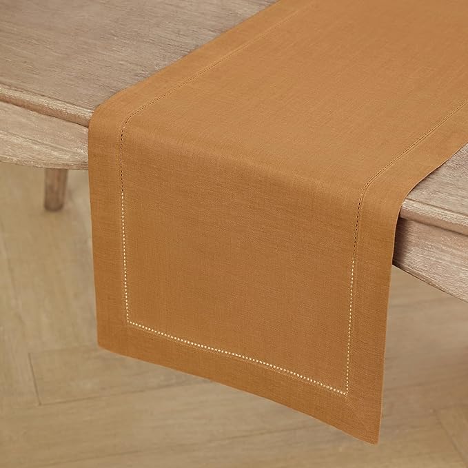 Solino Home Linen Brown Sugar Table Runner 144 Inches Long - 100% Pure Linen Extra Long Table Runner 14 x 144 Inch - Classic Hemstitch