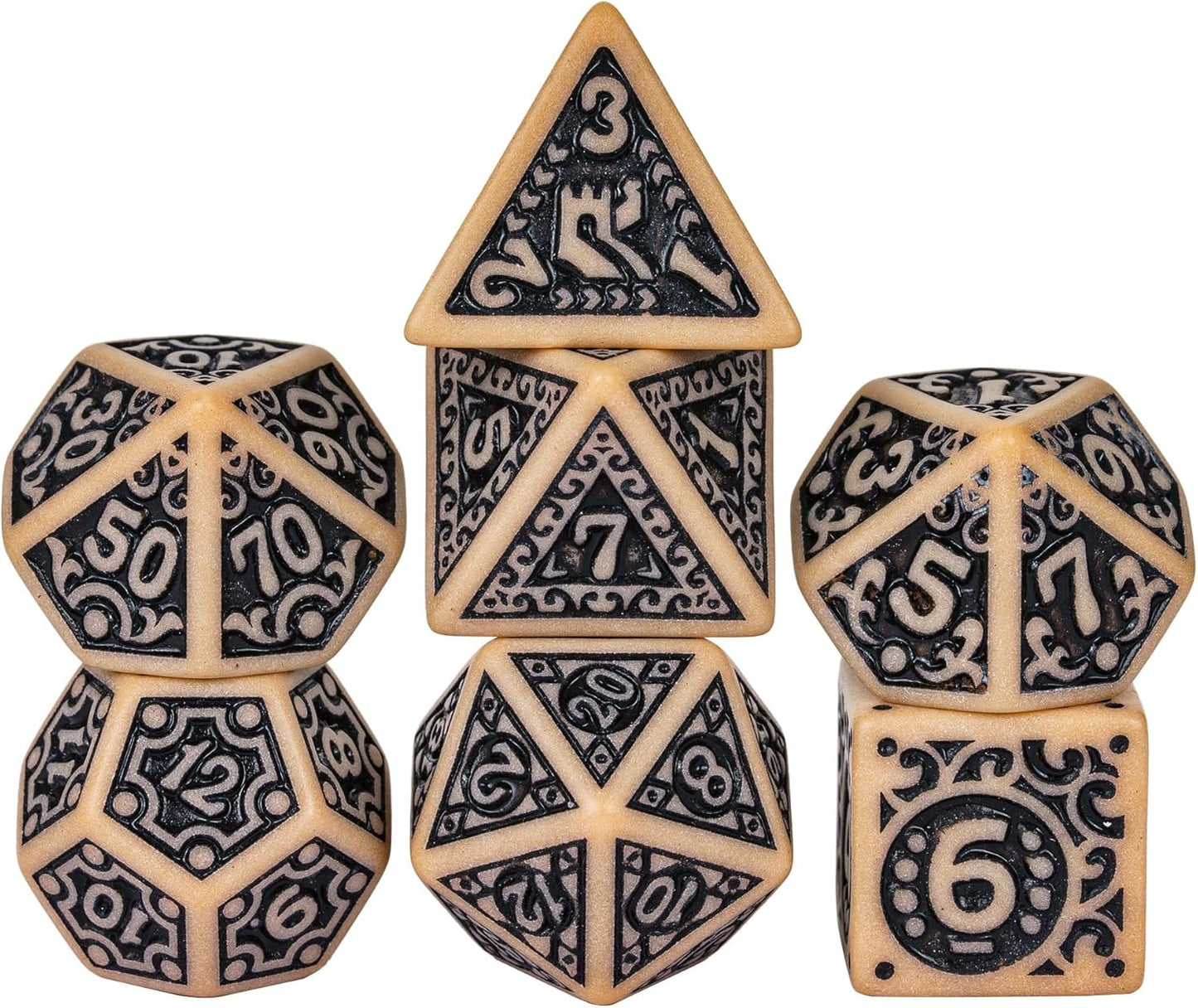 7-Die DND Dice Set New Pattern Polyhedral Dice Set with Leather Bag D&D Die for RPG Table Games(Brown Black)