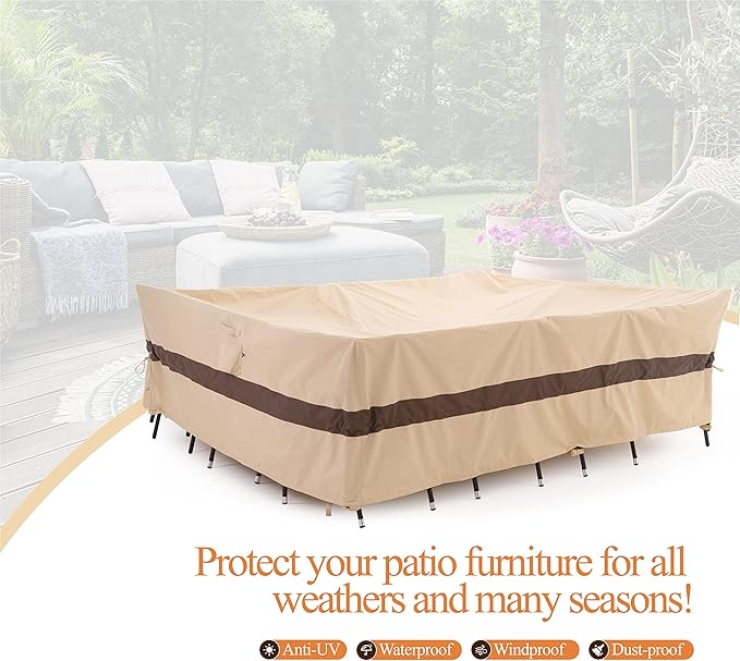 WJ-X3 Large 96in Beige & Coffee Patio Furniture Cover, 96W x 64D x 31H Inches - Heavy Duty, Waterproof, Wind-Resistant, Anti-Fade - Ideal for Outdoor Table Protection in Winter