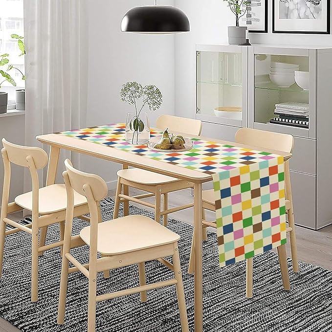 Colorful Checkered Table Runner, Vintage 60s 70s Cute Modern Geometric Table Runner for Party Kitchen Dining Home Outdoor Banquet 13x90in