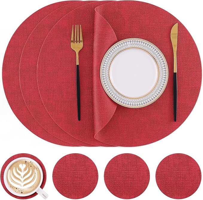 Homaxy Round Faux Leather Placemats and Coasters, Washable Dual-Side Table Mats, Wipeable Heat-Resistant Dining Place Mats for Outdoor and Indoor, Set of 4, Diameter 13 and 3.93 inch, Red