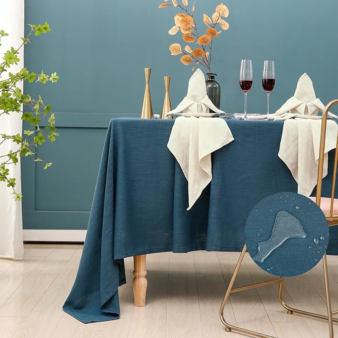 Blue Table Cloth for Rectangle Tables, Waterproof Spillproof Washable Tablecloth, Polyester Linen Dining Table Cover for Wedding, Party, Farmhouse, Kitchen - 70'' x 140'', Blue