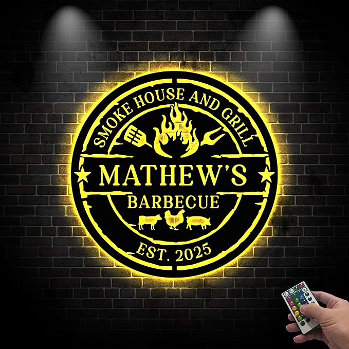 Personalized BBQ Sign - Barbeque Custom Name Sign with Lights, 16-Color LED with Remote Control, LED Light Farm Animal Smokehouse Grill Decor for Backyard, Patio, Bar