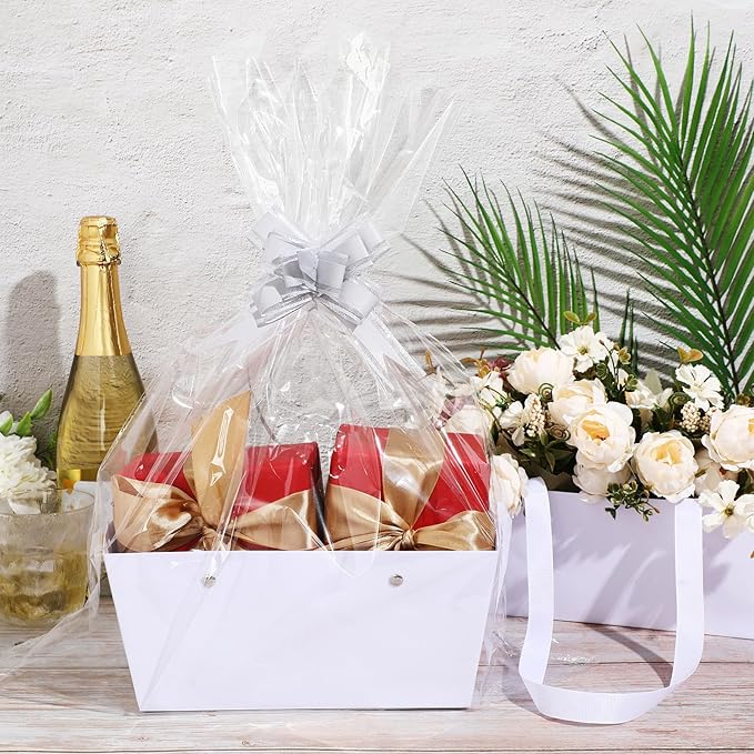 PerKoop 24 Pack Baskets for Gifts Empty Bulk 6.5 x 9.8'' Thick Kraft Gift Basket with Bows and Bags Empty Gift Baskets for Valentine's Day Easter Birthdays Wedding Snacks Farmers Market(White)