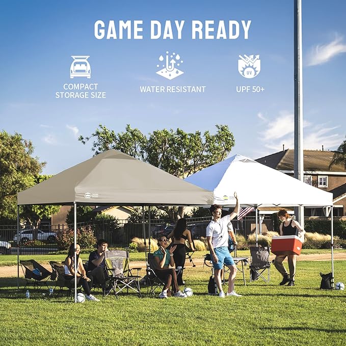 CROWN SHADES 8x8 Pop Up Canopy - Beach Tent with One Push Setup - Easy Outdoor Sun Shade for Events, Parties, Camping - Gazebo with STO-N-Go Cover Bag, Silver Coated Top, Beige