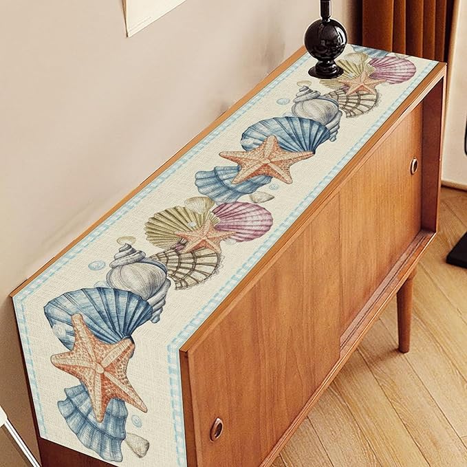 Summer Starfish Table Runner, Blue Check Sea Coastal Seashell Beach Nautical Starfish Ocean Table Runner Seasonal Holiday Home Kitchen Dining Table for Home Party Decor 13"x108"