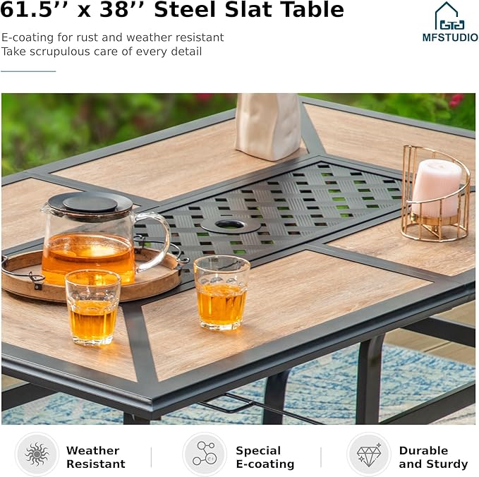 MFSTUDIO Outdoor Patio Dining Table for 6, Rectangular Patio Furniture Table with Metal Frame and Immitation Top, Adjustable Umbrella Hole