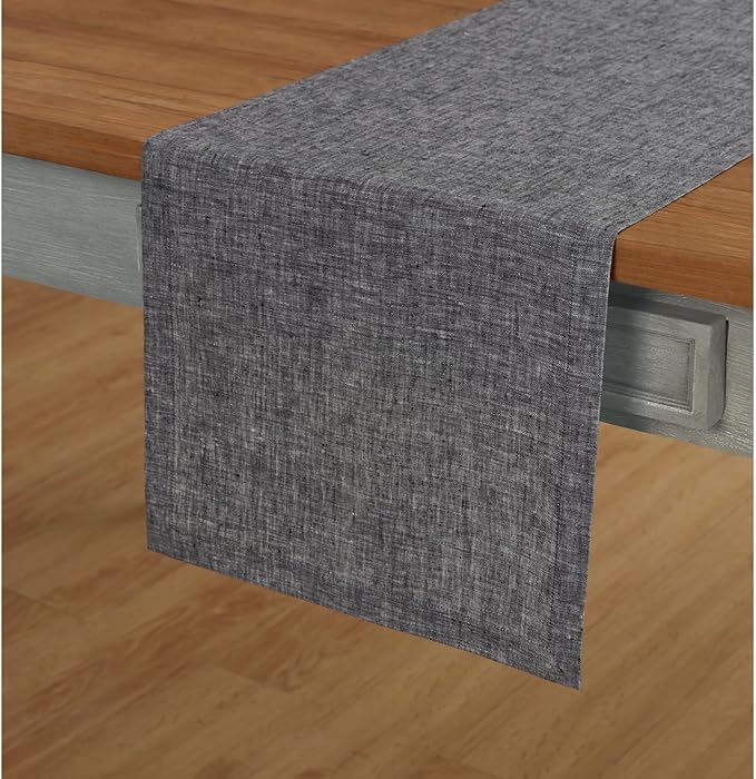 Solino Home Linen Table Runner 156 Inches Long - Athena, 100% Pure Linen Chambray Black Dining Table Runner 14 x 156 Inch