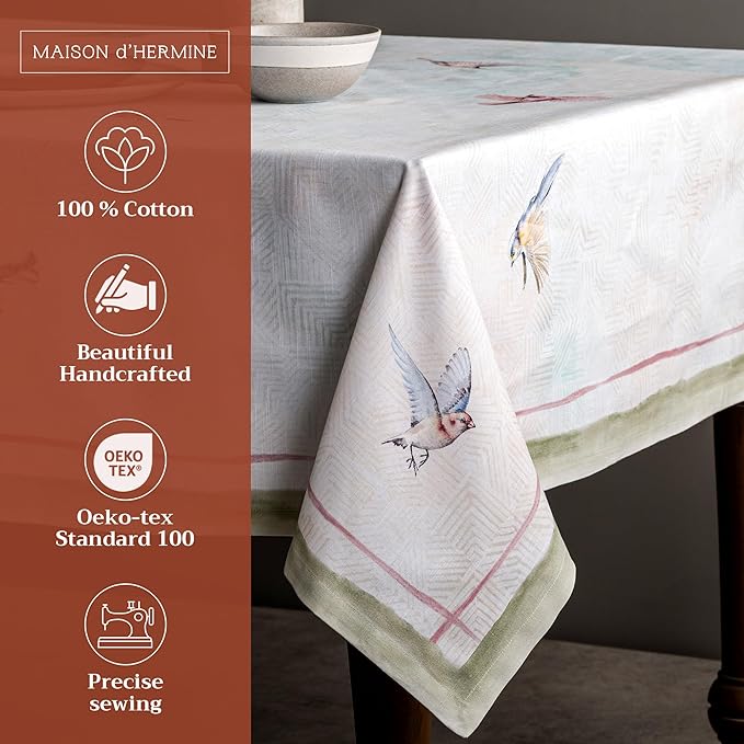 Maison d' Hermine Table Cloth Rectangle Table 100% Cotton 54 x 72 Inches Tablecloth Reusable Decorative for Dining Room, Farmhouse, Home, Party, Festive & Wedding Spring Summer - Flying Birds