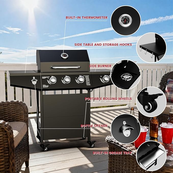 40,000 BTU Propane Gas Grill, 3 Burner Gas Grill with Side Burner, Outdoor BBQ Grill with Stainless Steel Grates for Patio, Camping, Outdoor Cooking