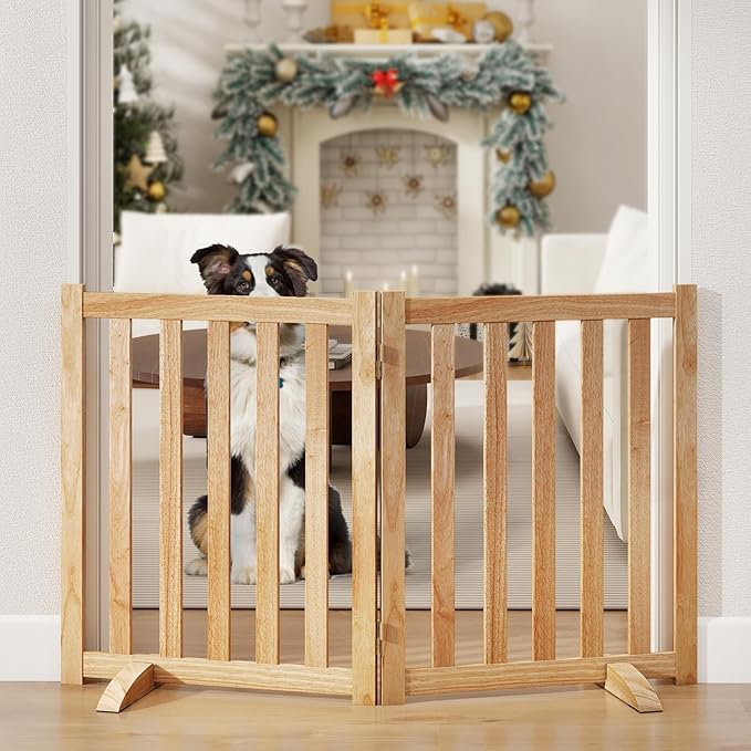 24" Height Tall Freestanding Pet Gate, Solid Wood Folding Safety Fence Wooden Dog Gate with 2 PCs Support Feet Ideal for Stairs, Doorways, Halls, Kitchens, Heavy Duty Gates, 2 Panels, Natural