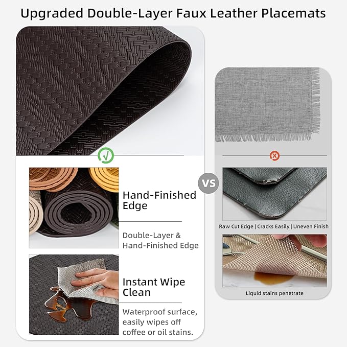 Faux Leather Placemats Set of 6 – 17x12 Inch Vinyl Table Mats, Heat Resistant, Non Slip, Wipeable & Washable, Easy to Clean Dining Table Decor for Kitchen & Dining Room （Dark Brownish Black）