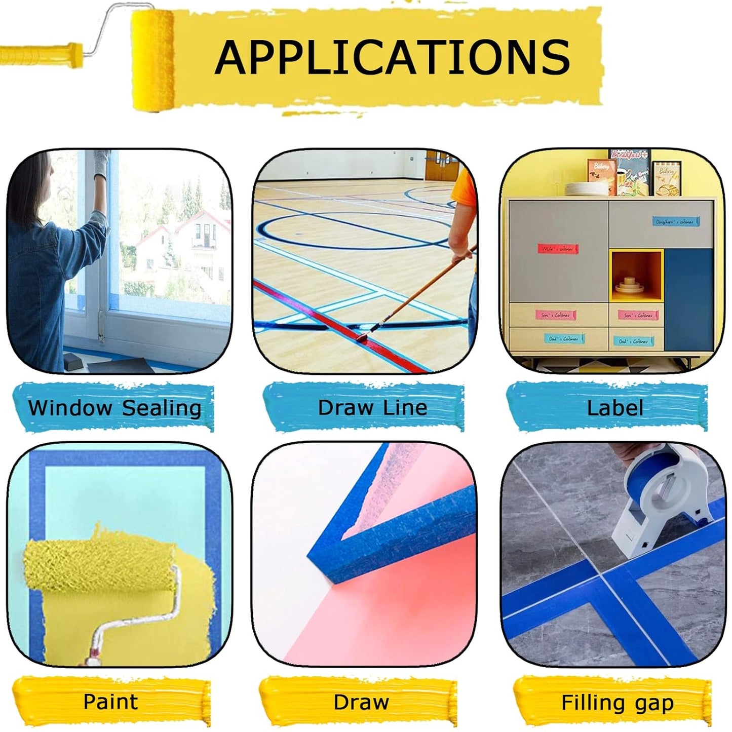 Premium Blue Painters Tape, Masking Master Tape, Paint Tape for Multi-Purpose, Painting, Painter's, DIY Crafts Arts (1.88in, 60.1yd x 3 Rolls = 180.3yd) Decoration Labeling No Residue, Easy Removal