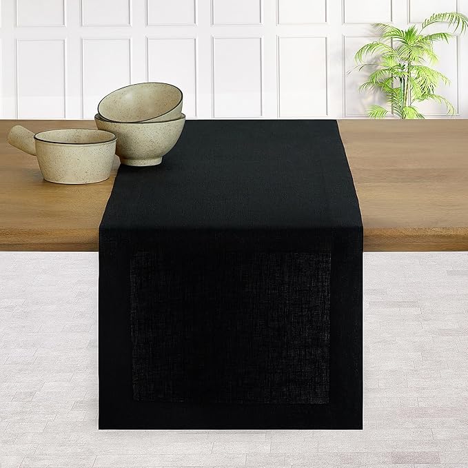 D'Moksha Homes Linen Black Table Runner 48 Inches - 100% Pure Linen Small Table Runner 14 x 48 Inch for Coffee Tables, Dresser, Winter, Holiday - Machine Washable