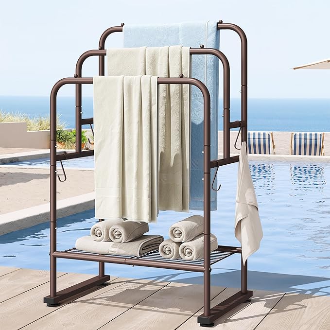 ELYKEN 40'' Tall Standing Towel Racks, 3 Tier Towel Drying Rack Outdoor, Pool Towel Stand Blanket Holder with Shelf & 4 Removable Hooks, Metal Freestanding Towel Racks for Bathroom, Smooth Silver