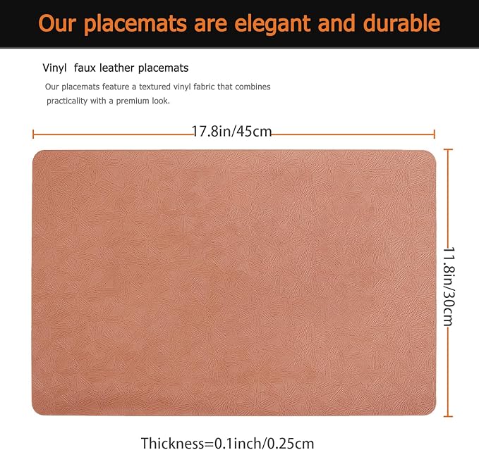 Vinyl Placemats Set of 4 Faux Leather 100% Waterproof Wipeable Washable Place Mats Heat Resistant Easy Clean Non-Slip Table Mats for Indoor Outdoor. (4, Coral)