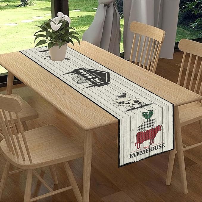 Farmhouse Pig Cow Table Runner, Rustic Black Rooster Animals Coffee Table Center Decor for Family Kitchen Dining Room and Living Room Outdoor Country Holiday Party Table Decorations, 13" X 108"